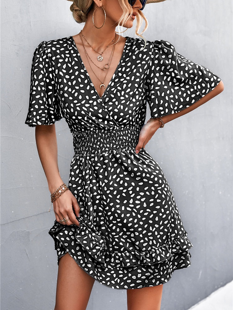 V-Neck Print Mini Dress For Women Short Butterfly Sleeve A-Line Dress