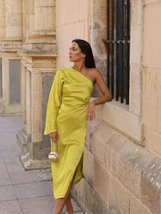 Women's One Shoulder One Sleeve Dress Elegant Backless Side Slit A-Line Midi Dress