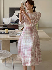Chic French Style Spring Summer Tweed Dress For Women Boutique Fashion Pink Plaid Long Dress