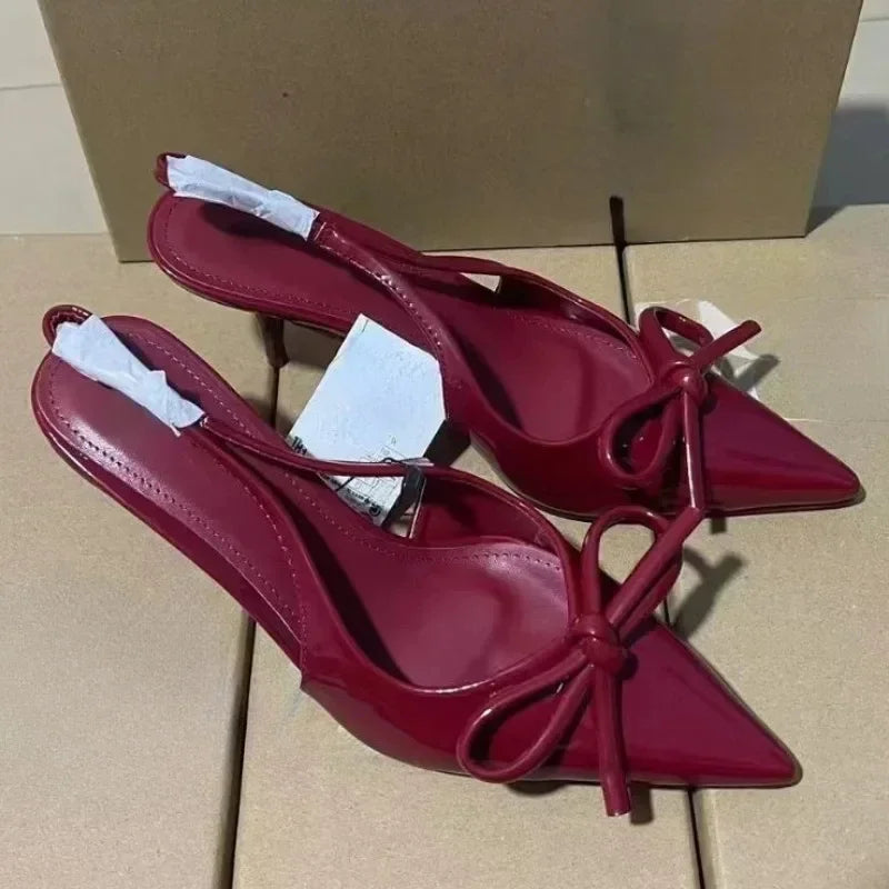 Red Patent Leather Pointed-Toe Slingback Heels with Bow – Chic & Elegant