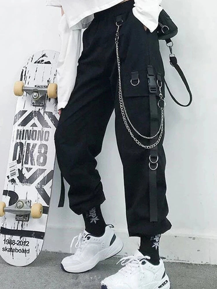 Women's Cargo Pants Harem Pants Street Fashion Punk Trousers with Pockets & Chain High Waist Streetwear