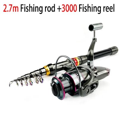 Fishing rod and reel set with text indicating length and model number on a white background