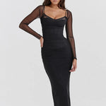 Women's Long Sleeve Maxi Dress Patchwork Lace Double Layer Mesh Sexy Long Dress Spring/Autumn Party Clubwear Maxi Dress