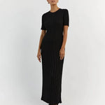 Elegant Solid Ribbed Knitted Maxi Dress for Women O-Neck Short Sleeve Pleated Lace Up Dresses