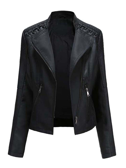 Faux Leather Motorcycle Jacket Women Long Sleeve Zipper Slim Casual Chic Outerwear Fashion