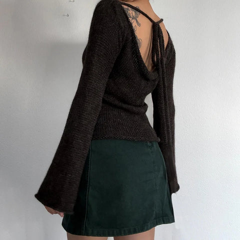 Sweater Women Vintage Flare Sleeve Knitted Backless Tie-Up Loose Y2K Aesthetic Pullover Fashion Top
