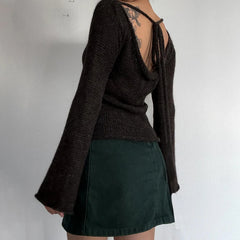 Vintage Flare Sleeve Knitted Backless Tie Up Back Sweater for Women Loose Y2K Aesthetic Pullover Sweater