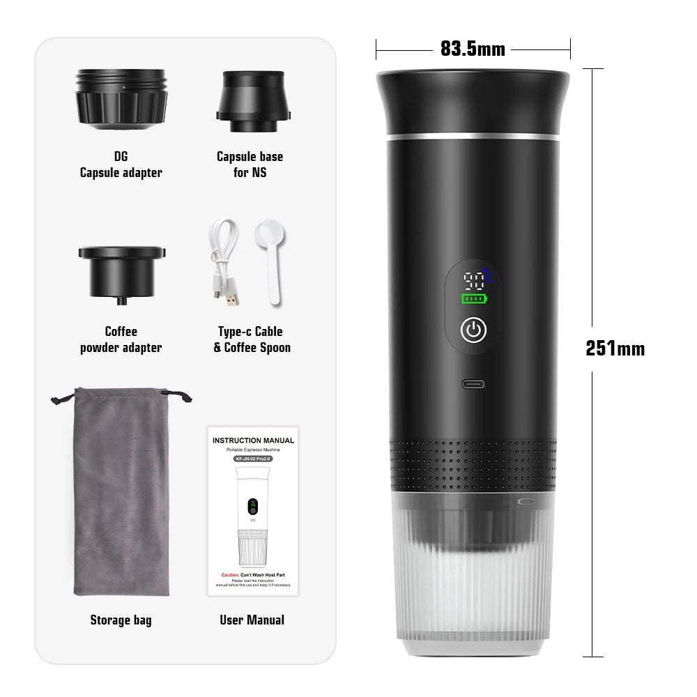 Black portable coffee maker with accessories and dimensions on a white background