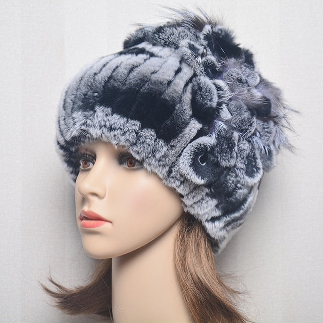 Women's Genuine Rex Rabbit Fur Hat Striped Top Flower Warm Real Fur Knit Beanie Caps