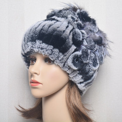 Women's Genuine Rex Rabbit Fur Hat Striped Top Flower Warm Real Fur Knit Beanie Caps