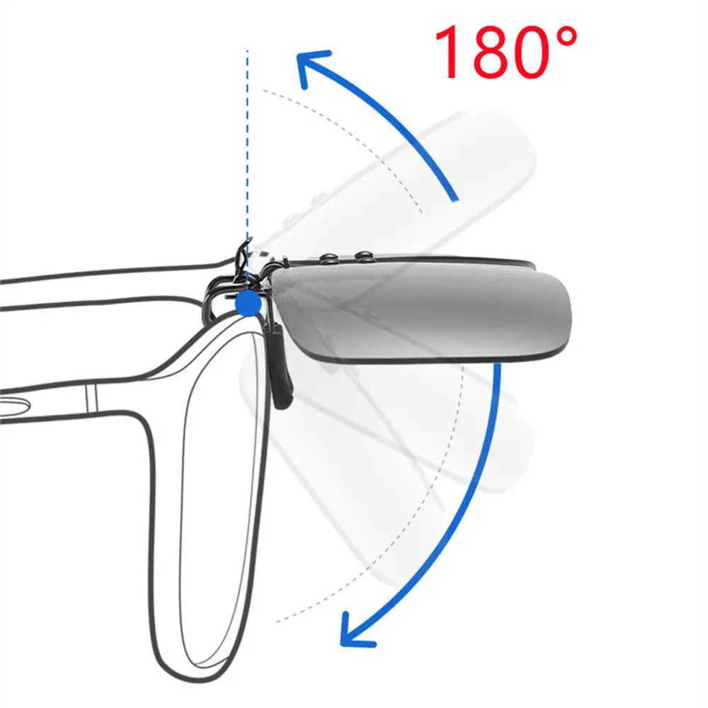 Sunglasses with a reflective side mirror, showing a 180-degree rotation.
