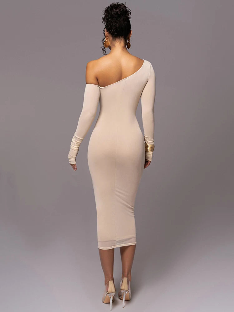 Diagonal Collar Long Sleeve Midi Dress Two Layer Mesh Backless Ruched Bodycon Club Party Sexy Long Dress