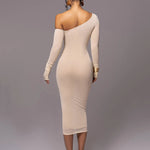 Diagonal Collar Long Sleeve Midi Dress Two Layer Mesh Backless Ruched Bodycon Club Party Sexy Long Dress