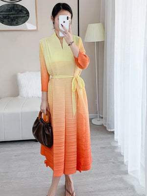 Gradient Color Pleated Dress For Women Open Stitch Belt Midi Elegant Party Cocktail Dresses