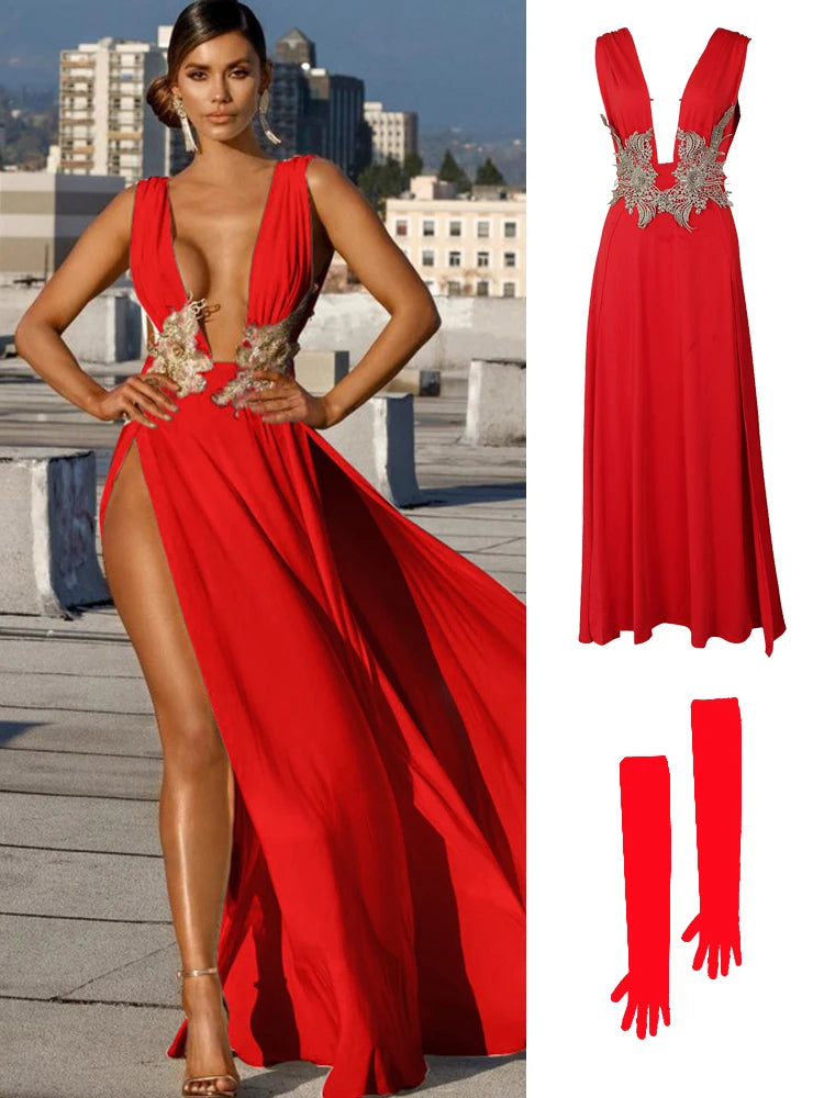 Women's Evening Party Dress Long Maxi Dress Sexy Summer Deep V Neck Backless Dress High Cut Out Slits