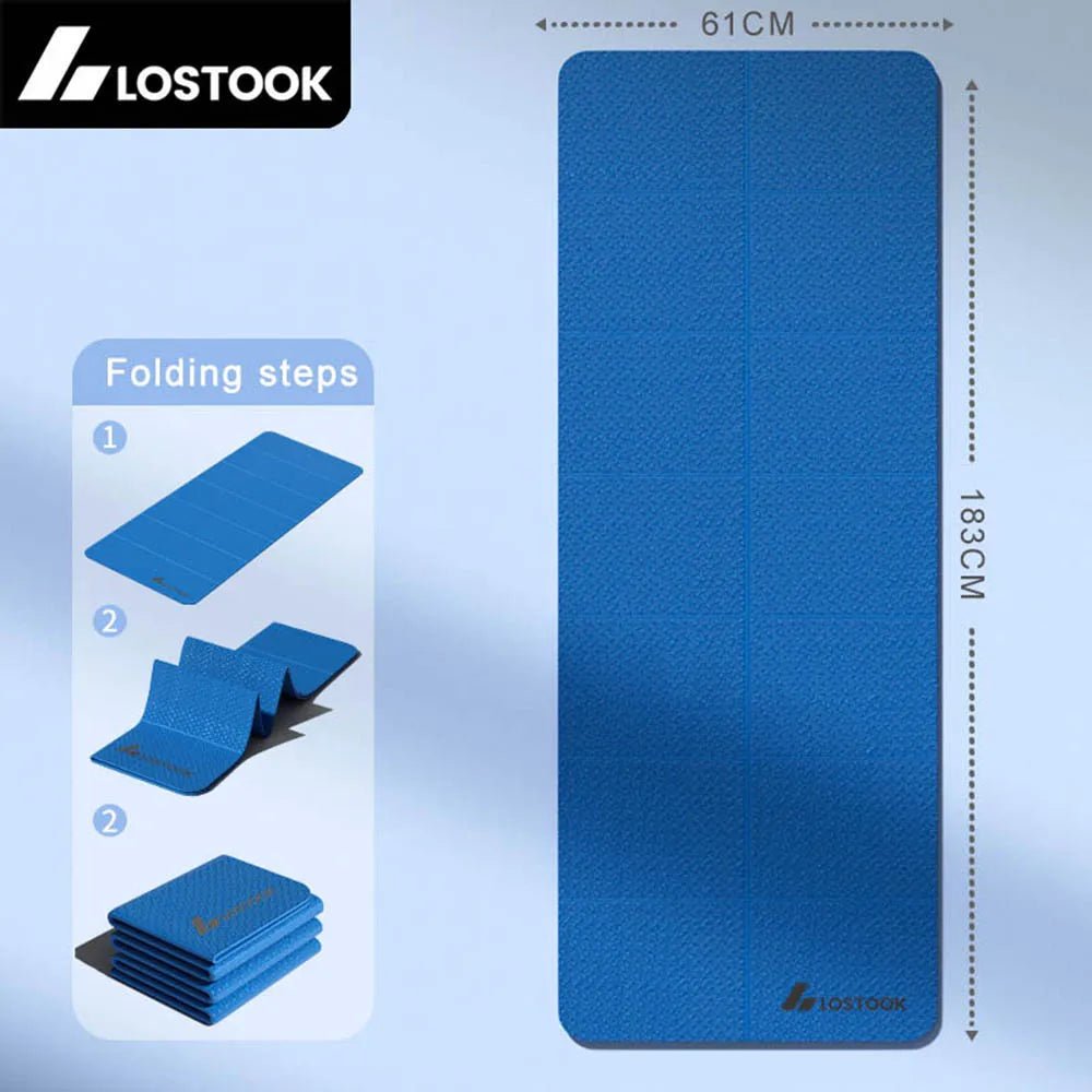 Blue exercise mat with folding steps and dimensions on a light blue background, featuring the Lostook brand.
