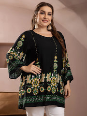 Plus Size Blouse Shirt for Women O Neck Long Sleeve Floral Print Casual Loose Blouse Oversized Tops