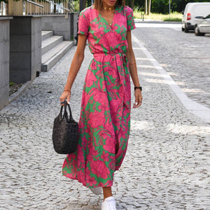 Summer Floral Print Long Dresses for Women V-Neck Split Lace-up Short Sleeve Midi Dress