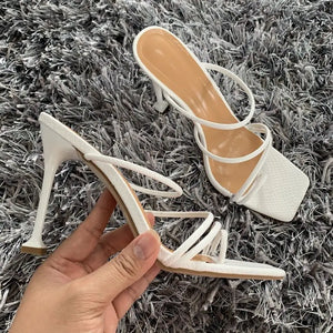 Square Toe Sandals Slipper Thin High Heels Slides Faux Leather