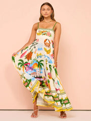 Spaghetti Strap Long Beach Dress Printed Backless Sleeveless Drawstring Elegant Dress Holiday Casual Vacation Dresses