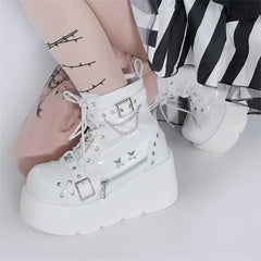 Gothic Mid Calf High Platform Boots for Women High Heel PU Faux Leather Wedge Boots
