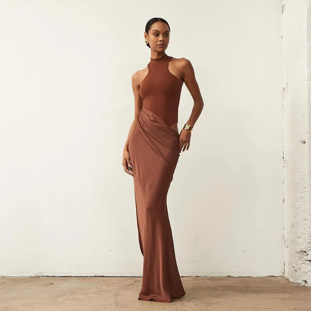 Elegant High-Neck Sleeveless Evening Gown with Draped Satin Skirt