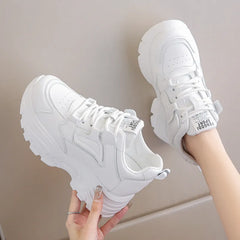 White Platform Women's Sneakers Lace-Up Thick Bottom Running Cross Trainer Shoes PU Leather Breathable Walking Shoes