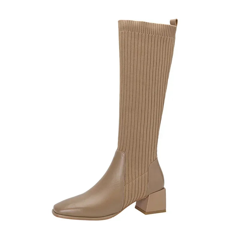 Knitted w/ Faux Leather Knee-High Sock Boots for Women New Fashion Slip On Med Heel Retro Elastic Boots