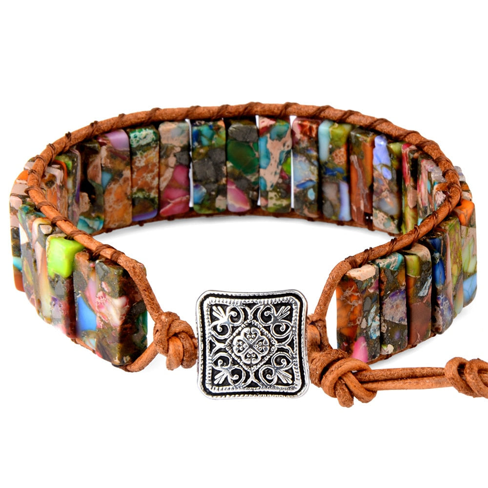 Multicolor Natural Gem Stone & Leather Adjustable Unisex Bracelets Meditation Yoga Bracelet