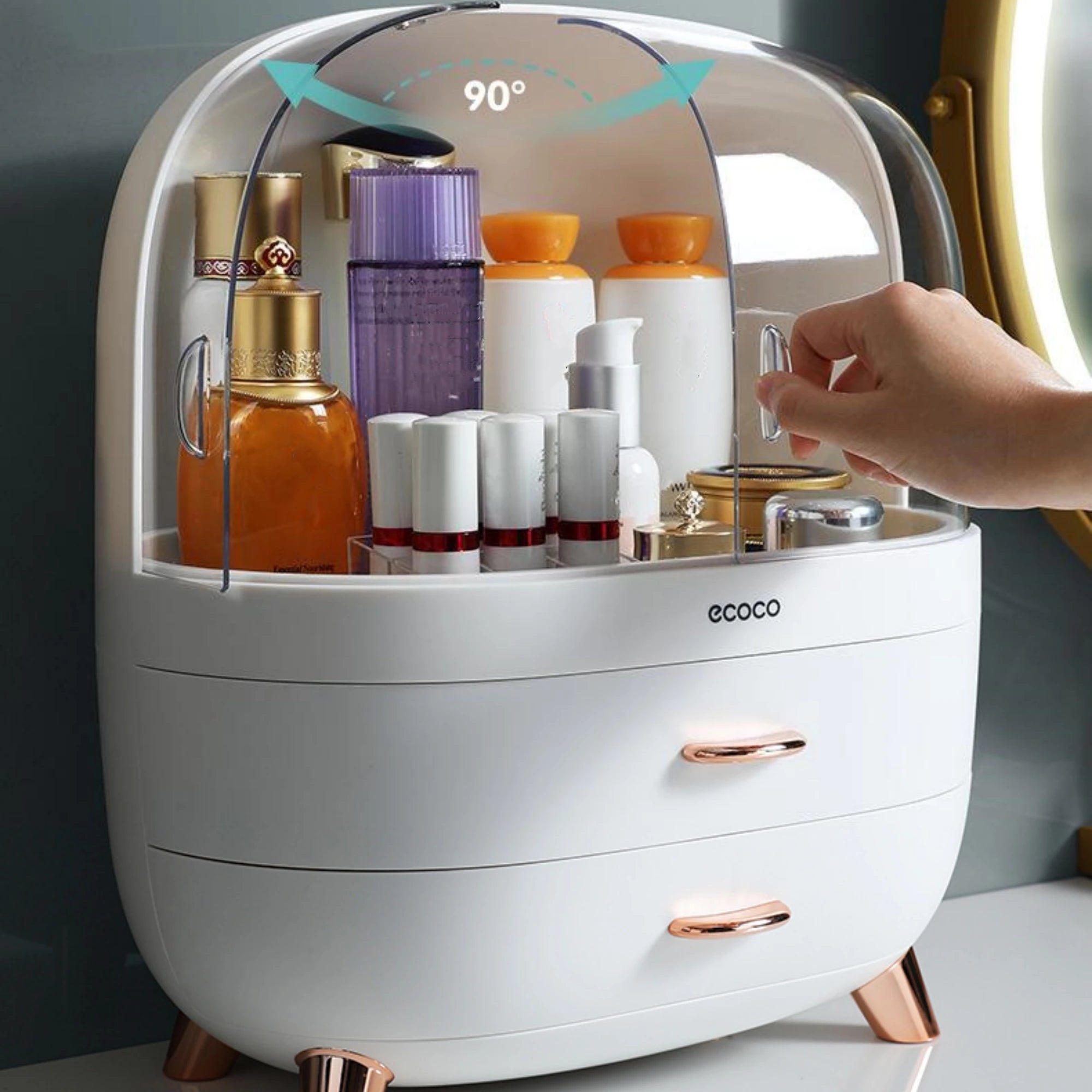 Cosmetic organizer with skincare products and a hand reaching for a bottle, branded 'ecoco'.