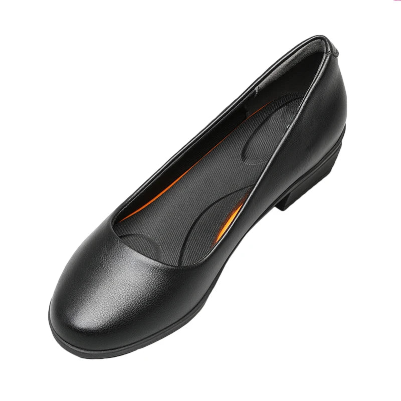 Women's Black Leather Work Shoes Round Toe Pumps Thick Heels Soft Sole Professional Non-Slip Work Shoes
