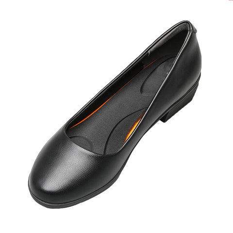 Work Pumps Women Black Leather Round Toe Thick Heel Soft Sole Professional Non-Slip Office Shoes