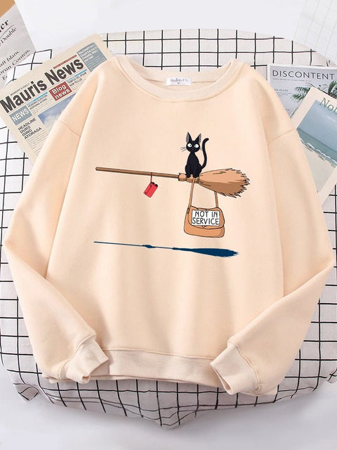 Cat Graphic Sweatshirt Women Cute Halloween Crewneck Fleece Warm Loose Casual Autumn Fashion