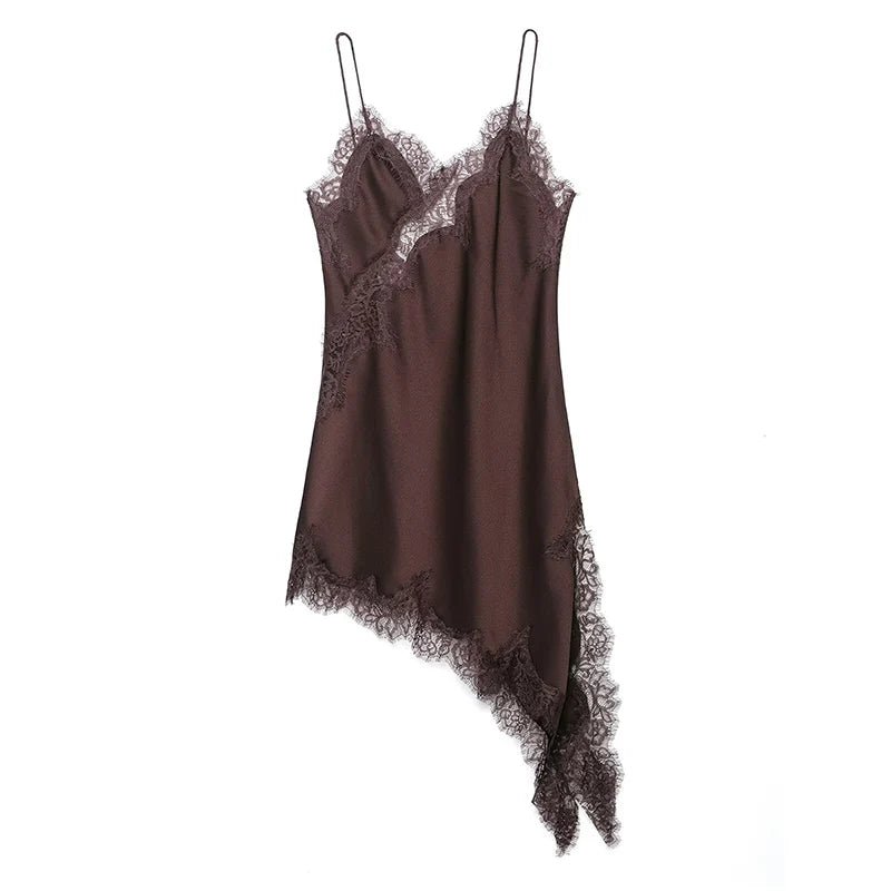 Brown slip dress with lace details on a white background