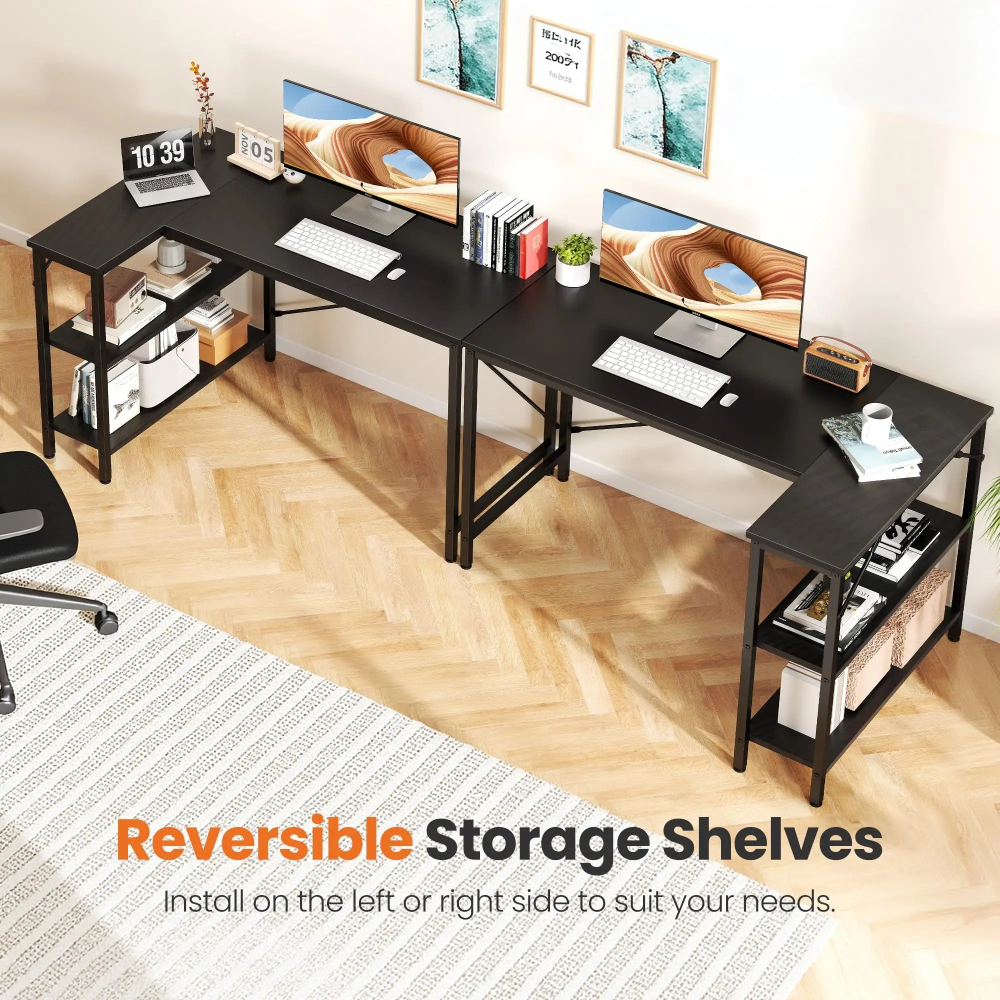 Black L-shaped desk with reversible storage shelves in a home office setting.