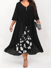 Plus Size Dress Women's Midi V-Neck Floral Print Patchwork Fake Two Piece Dress Plus Sizes Prom Wedding Evening Dress