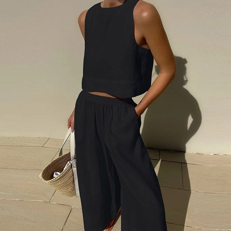 Lounge wear Set Shirt with Pants, 2 Piece Matching Set Cotton Blend Women's Sleeveless Tank Top and High Waist Pants Outfits