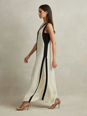 Elegant Patchwork Loose Maxi Dress Sexy Deep V-Neck Sleeveless Summer Dress