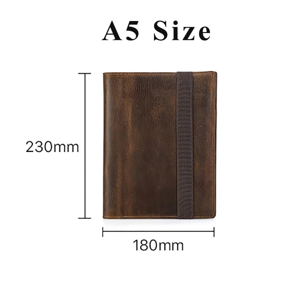 Brown leather notebook with dimensions labeled on a white background