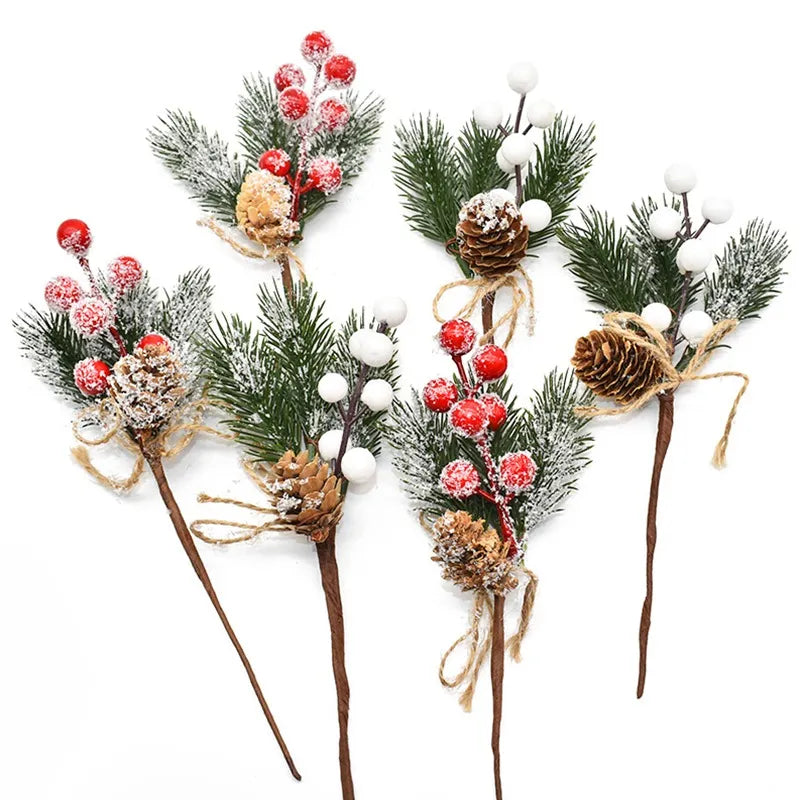 5Pcs Christmas Red Berry Artificial Flower Pine Cone Branch Christmas Tree Decorations Ornament Gift DIY Wreath Craft Supplies