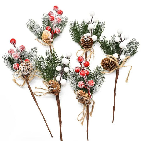 Christmas Berry Ornament 5-Piece Red Artificial Flower Pine Cone Branch Tree Decor DIY Wreath Craft