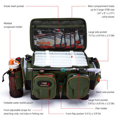 Fishing tackle box with labeled compartments on a white background
