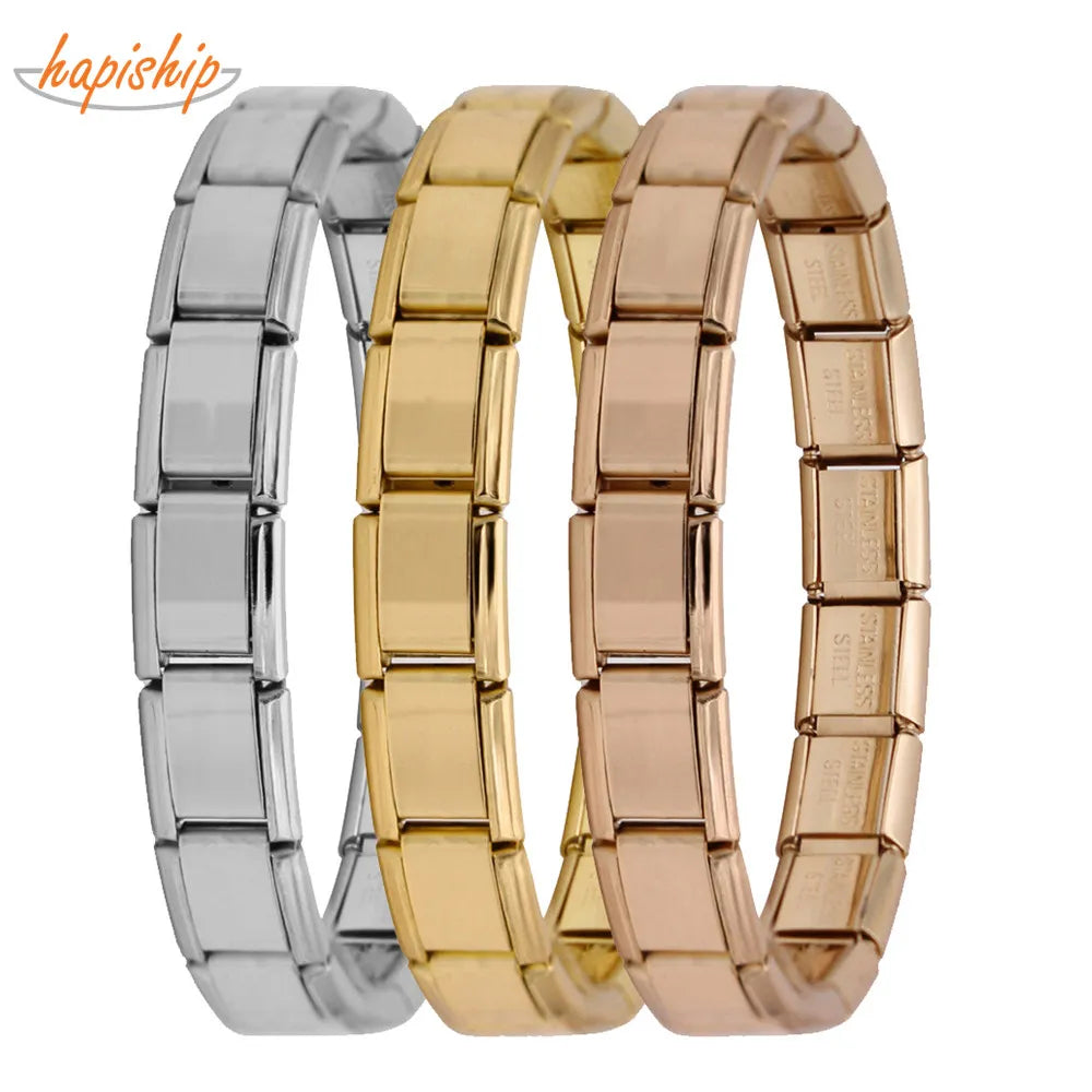 Italian Elastic Charm Bracelet 9mm Width Fashion Stainless Steel Bangle Women's Jewelry