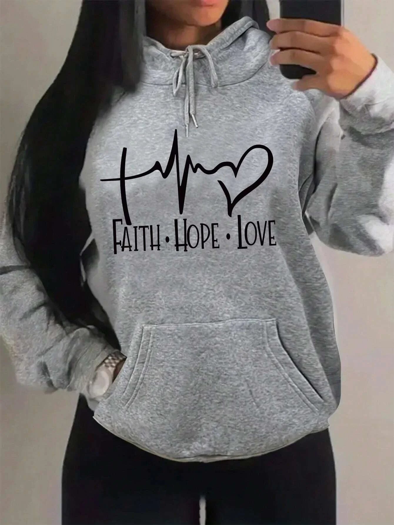 Women's "Faith Hope Love" Graphic Hoodie Casual Loose Streetwear Sweatshirt Autumn Fleece Hooded Hip Hop O-Neck Clothing Tops