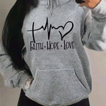 Women's "Faith Hope Love" Graphic Hoodie Casual Loose Streetwear Sweatshirt Autumn Fleece Hooded Hip Hop O-Neck Clothing Tops