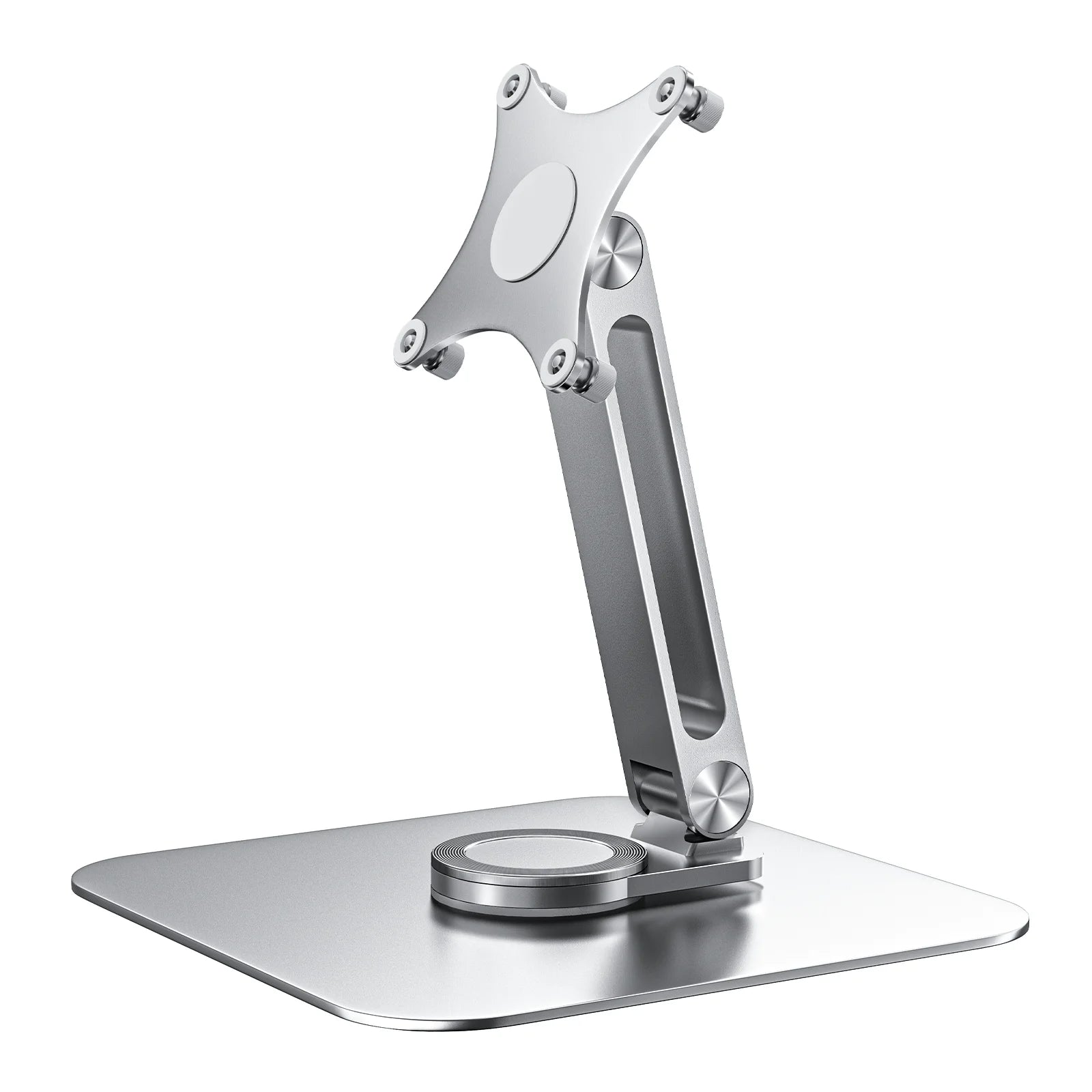 Silver adjustable monitor stand on a white background