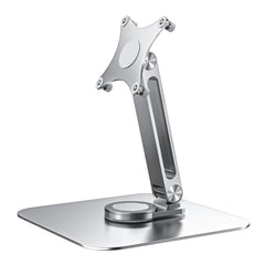 Silver adjustable monitor stand on a white background