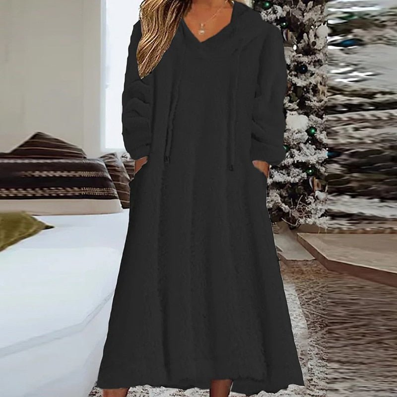 Fleece Hooded Sweatshirt Dress Women Long Sleeve Pullover A-Line Warm Loose Casual Fashion