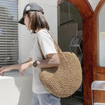 Handcrafted Round Straw Woven Beach Tote Bag Vacation Beach Hollow Out Shoulder Bag