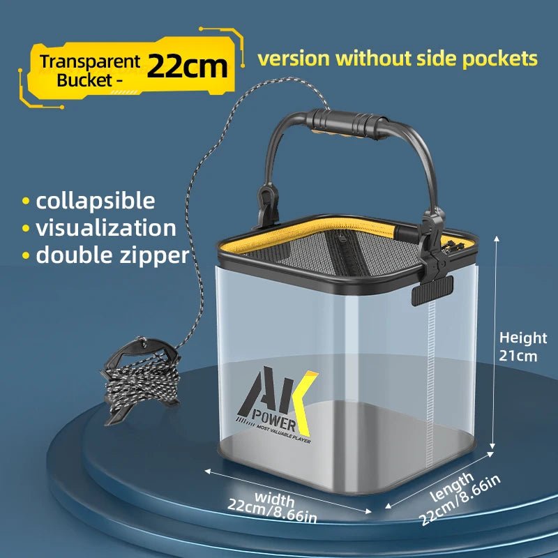 Transparent bucket with yellow accents on a blue background, featuring dimensions and product features.